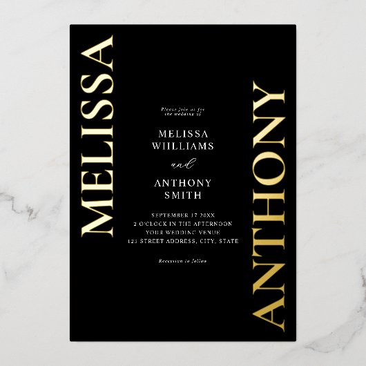 ミニマリストのブラックと金ゴールドモダン結婚ズ 箔招待状 (正面)