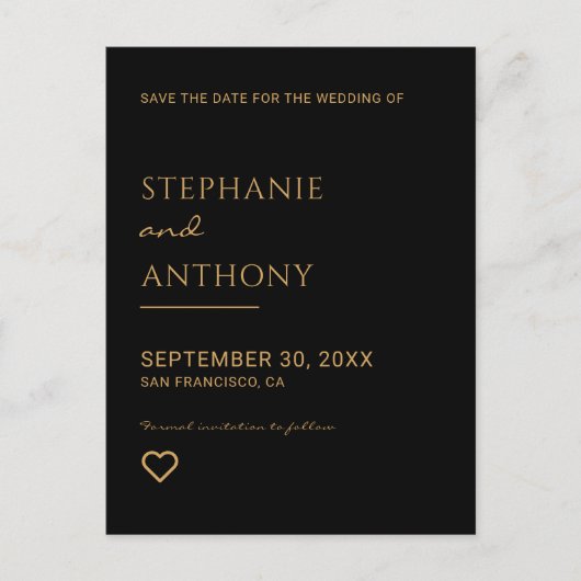 ミニマリストのブラックと金ゴールド結婚ハート 案内ポストカード (正面)