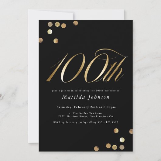 ミニマリストのブラックと金ゴールド100th誕生日パーティー 招待状 (正面)