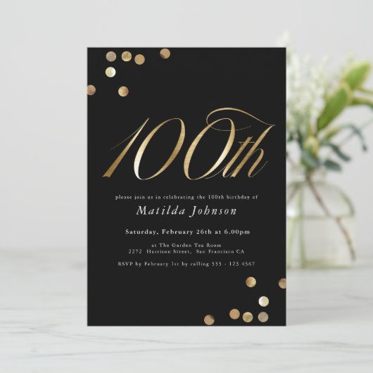 ミニマリストのブラックと金ゴールド100th誕生日パーティー 招待状 (スタンド正面)
