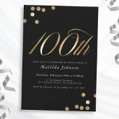 ミニマリストのブラックと金ゴールド100th誕生日パーティー 招待状