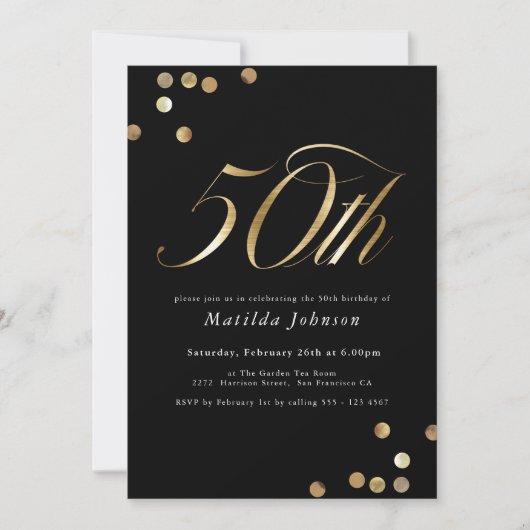 ミニマリストのブラックと金ゴールド50th誕生日パーティー 招待状 (正面)