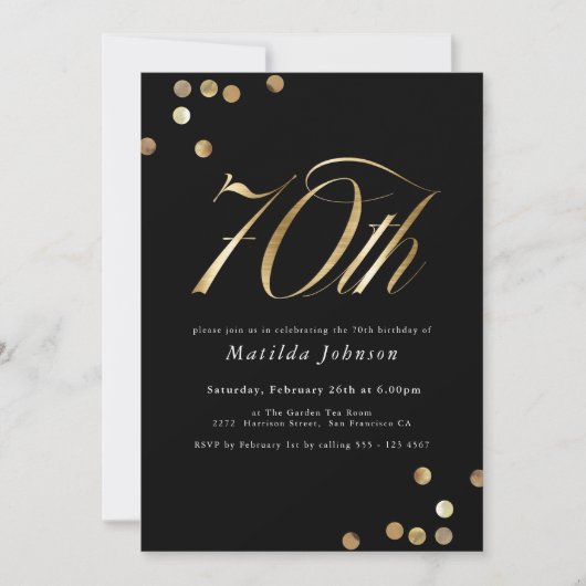 ミニマリストのブラックと金ゴールド70th誕生日パーティー 招待状 (正面)