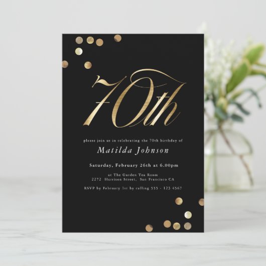 ミニマリストのブラックと金ゴールド70th誕生日パーティー 招待状 (スタンド正面)