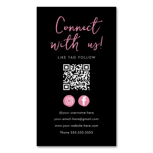ミニマリストのブラックピンクQrコードが私たちと接続 マグネット名刺 (正面縦)
