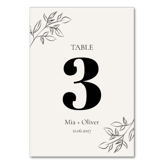 ミニマリストのブラック&クリームボタニカル結婚ズ テーブルナンバー (正面)