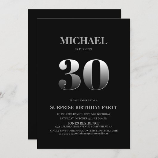 ミニマリストのブラック&シルバーのサプライズ30th誕生日 招待状 (正面/裏面)