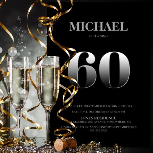 ミニマリストのブラック&シルバー60th誕生日パーティー 招待状