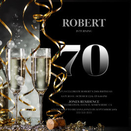 ミニマリストのブラック&シルバー70th誕生日パーティー 招待状