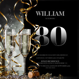 ミニマリストのブラック&シルバー80th誕生日パーティー 招待状