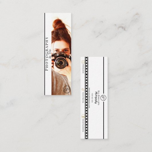 ミニマリストのブラック&ホワイトあなたのロゴ写真 スキニー名刺 (正面/裏面)