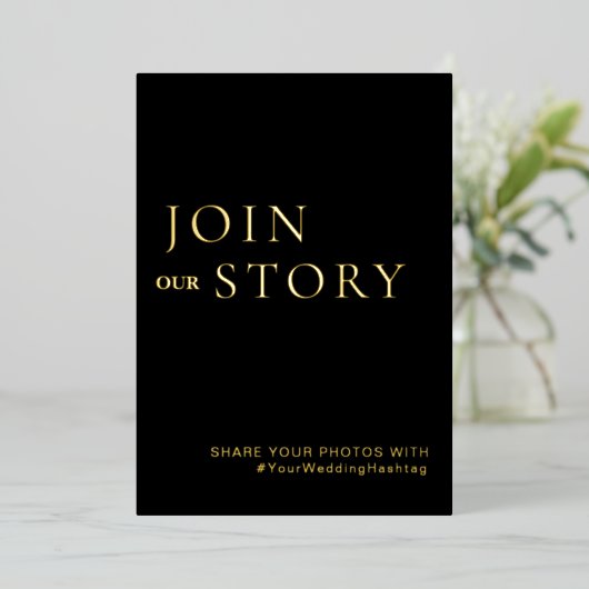 ミニマリストのブラック&金ゴールド結婚のハッシュタグのサイン 箔シーズンカード (立ち正面)