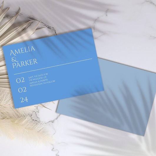 ミニマリストのブルーウェディングは日付カードを保存 セーブザデート