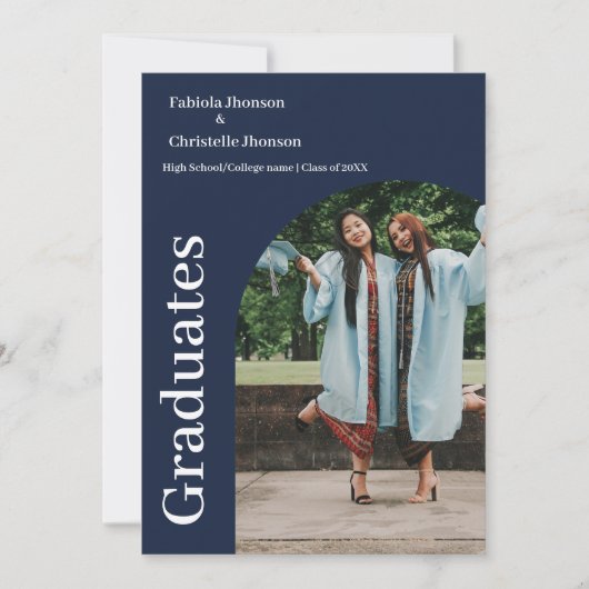 ミニマリストのブルーネイビーのダブル卒業 案内状 (正面)