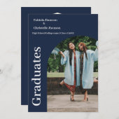 ミニマリストのブルーネイビーのダブル卒業 案内状 (正面/裏面)