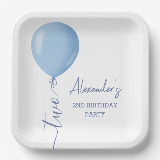 ミニマリストのブルーバルーンボーイ2nd誕生日 ペーパープレート (正面)