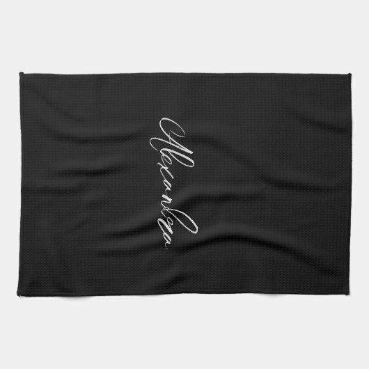ミニマリストのプレーン手書き独自の名前ブラック キッチンタオル (横)