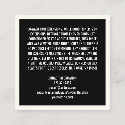 ミニマリストのヘアスタイリストのウィッグのバンドルメンテナンスカード スクエア名刺 (裏面)