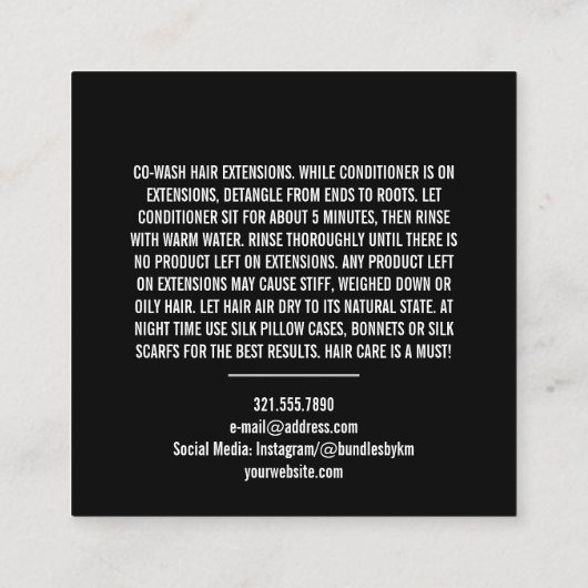 ミニマリストのヘアスタイリストのウィッグのバンドルメンテナンスカード スクエア名刺 (裏面)