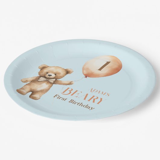 ミニマリストのベアーブルーボーイバリー1歳の誕生日 ペーパープレート (アングル)