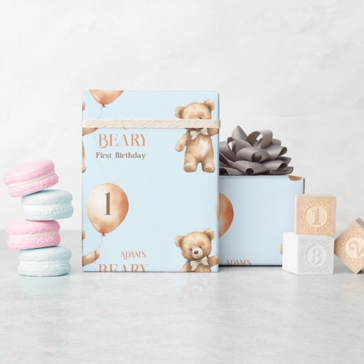 ミニマリストのベアーブルーボーイバリー1歳の誕生日 ラッピングペーパー (ベビーシャワー)