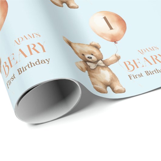 ミニマリストのベアーブルーボーイバリー1歳の誕生日 ラッピングペーパー (ロールコーナー)