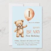 ミニマリストのベアーブルーボーイバリー1歳の誕生日 招待状 (正面)