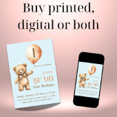 ミニマリストのベアーブルーボーイバリー1歳の誕生日 招待状