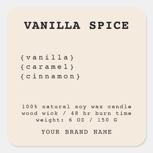 ミニマリストのベージュのキャンドルラベル スクエアシール (正面)