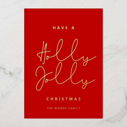 ミニマリストのホリーすてきクリスマスレッドと金ゴールド 箔シーズンカード (正面)