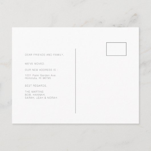 ミニマリストのホワイトとグレーの動きの発表 案内ポストカード (裏面)