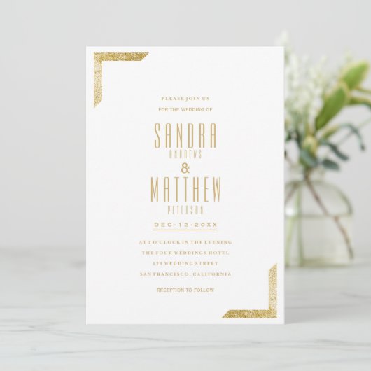 ミニマリストのホワイトラグジュアリー金ゴールド結婚グリッター 招待状 (スタンド正面)