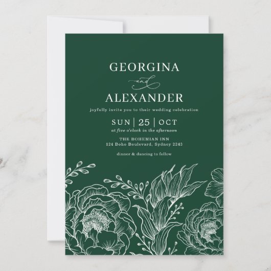 ミニマリストのボホエメラルドグリーン結婚ホワイト 招待状 (正面)