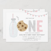 ミニマリストのミルクとクッキーの女の子の最初の誕生日 招待状 (正面/裏面)