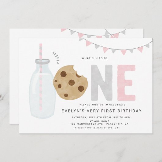 ミニマリストのミルクとクッキーの女の子の最初の誕生日 招待状 (正面/裏面)