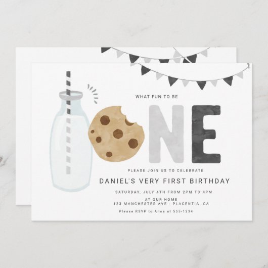 ミニマリストのミルクとクッキーの最初の誕生日 招待状 (正面/裏面)