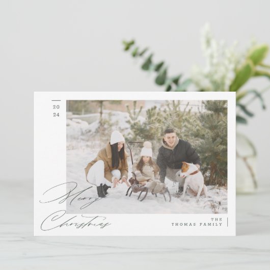 ミニマリストのモダン緑の家族メリークリスマス シーズンカード (スタンド正面)