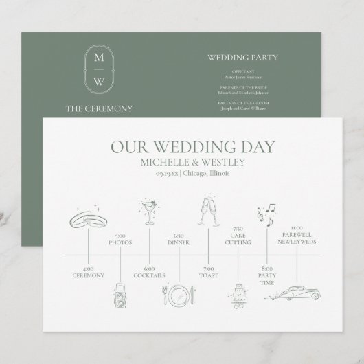 ミニマリストのモノグラムのセージ結婚グリーンのタイムライン プログラム (正面/裏面)