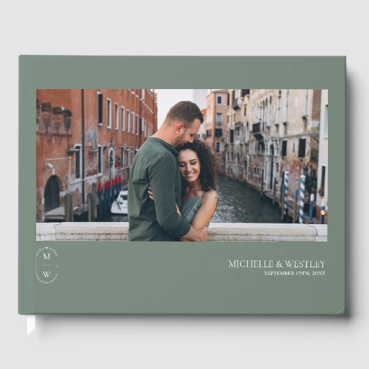 ミニマリストのモノグラム結婚セージ緑の写真 ゲストブック (正面)