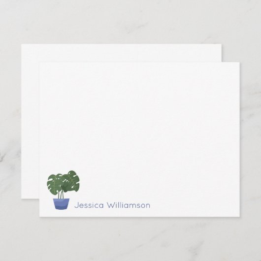 ミニマリストのモンステラ植物の青パーソナライズされた名 ノートカード (正面/裏面)