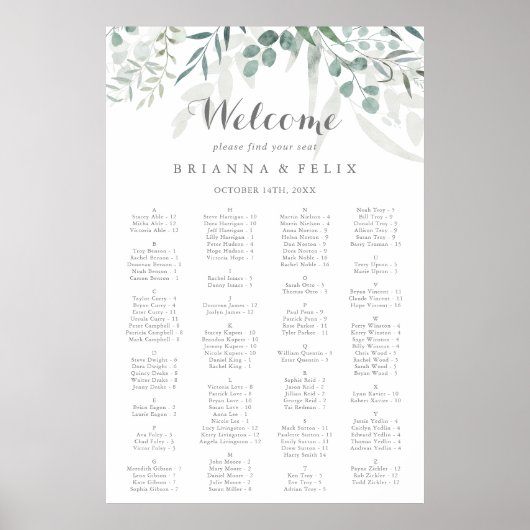 ミニマリストのユーカリのアルファベットの座席表 ポスター (正面)