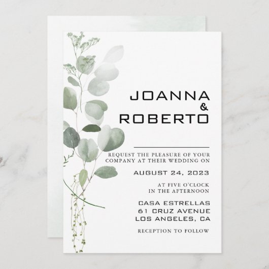 ミニマリストのユーカリフォーマルスの結婚葉 招待状 (正面/裏面)
