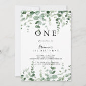 ミニマリストのユーカリプトゥスの最初の誕生日パーティー 招待状 (正面)