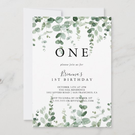ミニマリストのユーカリプトゥスの最初の誕生日パーティー 招待状 (正面)