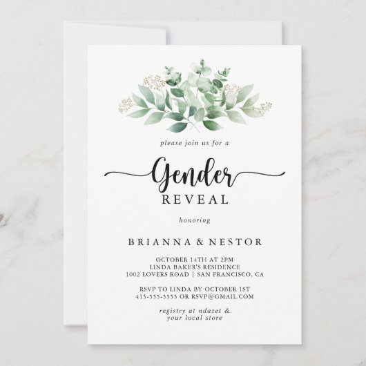 ミニマリストのユーカリ性リビールパーティー 招待状 (正面)