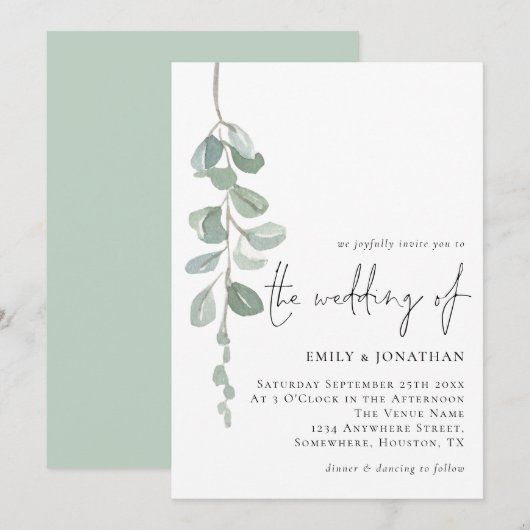 ミニマリストのユーカリ手書きスクリプトウェディング 招待状 (正面/裏面)