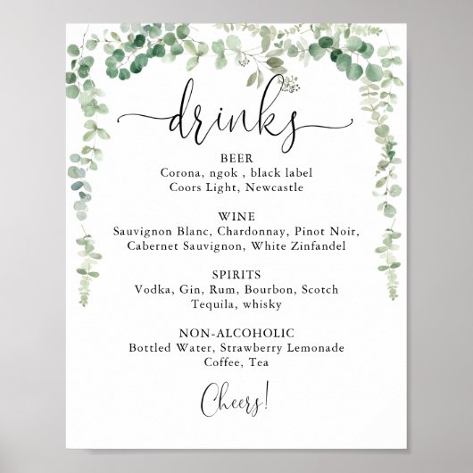 ミニマリストのユーカリ結婚式ドリンクメニューサイン ポスター (正面)