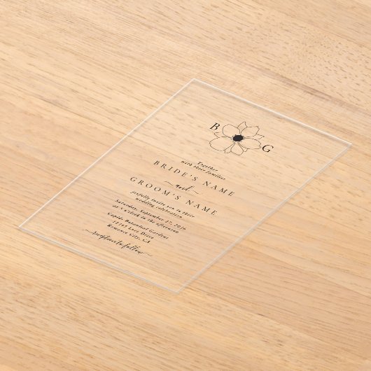 ミニマリストのワイルドフラワーハンドドロー結婚トモノグラム アクリル招待状 (レイダウン)