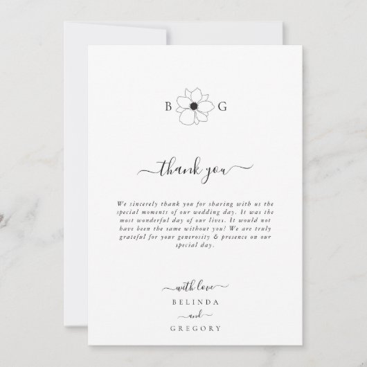 ミニマリストのワイルドフラワーハンドドロー結婚トモノグラム サンキューカード (正面)