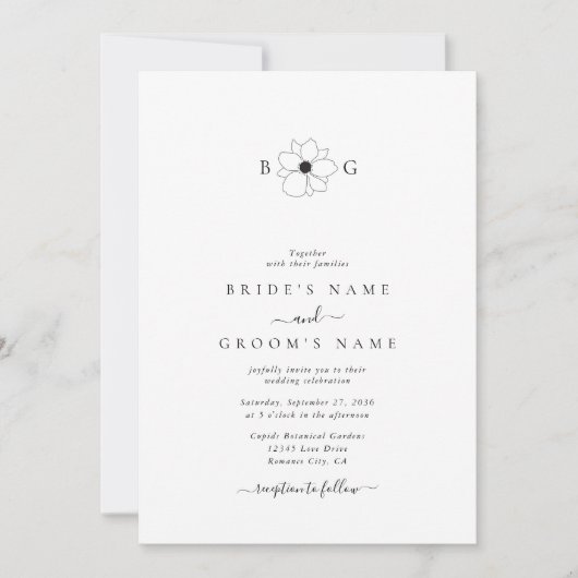 ミニマリストのワイルドフラワーハンドドロー結婚トモノグラム 招待状 (正面)